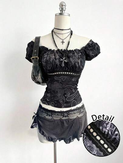 Attitoon 女士T恤，复古风，Y2K，波西米亚风，嬉皮风，音乐节风，复古朋克风，佩斯利印花