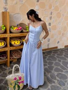 Serisse 女士休闲格子前扣吊带连衣裙，夏季 - 藍色 - 查看 3