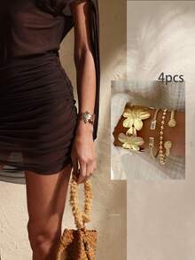 Swim Chiccia حلقة معدنية بتصميم أنيق عتيق انسيابي 1 قطعة، سوار قابل للتعديل مناسب للنساء للارتداء في الشاطئ والحفلات والمهرجانات الموسيقية والمواعيد والاستخدام اليومي، موسميًا - ذهبي أصفر - مشاهدة 12