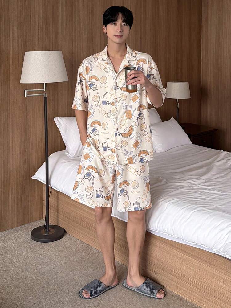Men's Floral Print Short Sleeve Top And Shorts Pajama Set, Summer