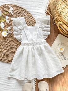Vintaside Kids Baby Girls' White Cute Summer Flower Girl Sweet Floral Embroidery Ruffle Hem Loose A-Line Dress,Suitable For Birthday Parties,Family Gatherings - White - View 2
