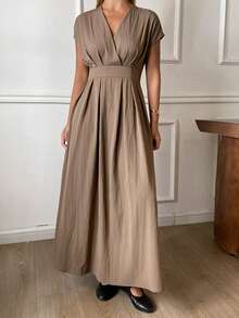 Livesso Đầm ngắn tay cổ chữ V, dáng lửng, thích hợp mặc đi làm mùa hè cho nữ. - Cà phê nâu - Xem 7