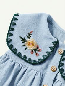 Cozy Pixies 女嬰花卉刺繡圖案海軍藍領半開襟無袖洋裝 - 彩色 - 查看 3