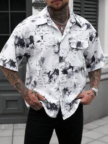 Manfinity LEGND Men's Summer Casual All-Over Print Front Button Flap Pocket Short Sleeve Shirt - Light Grey - View 1