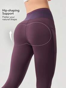 OutZeal 女士户外紧身裤，日常休闲速干收腹高腰带带口袋 - 中紫紅色 - 查看 4