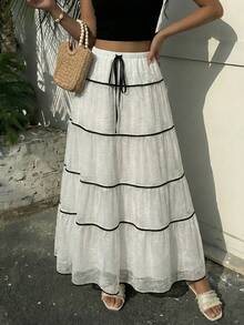 Franclia Women's Fashion Casual Contrast Color Trim Long White Skirt - Apricot - View 3