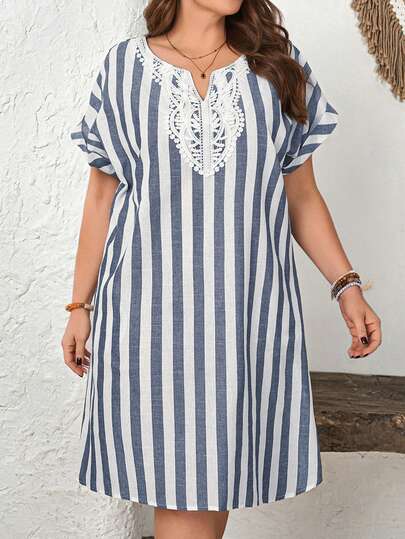 EMERY ROSE Plus Size Women's Early Spring Short Sleeve Striped Dress