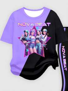 Bộ đồ thể thao mùa xuân, hè & thu dành cho bé gái, phong cách thường ngày sáng tạo, cá tính, tươi mới, tối giản, mát mẻ, cá tính, mang hơi hướng nhóm bạn gái ảo, họa tiết ngôi sao năm cánh nhiều màu sắc phối đen tím, chữ in bóng, khẩu hiệu in hình đồ họa. Áo thun ngắn tay + quần ống loe cơ bản, thoải mái để mặc hàng ngày, phong cách mùa hè & thu ấm áp, phù hợp cho các bé gái. - Nhiều màu - Xem 5