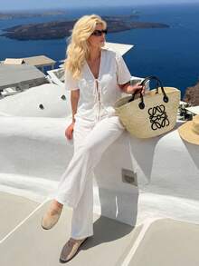 Dripcurv Women's Plus Size White Summer Boho Silky Lace-Up Embroidered Blouse,Ruffled Sleeves Beach Holiday Top,Casual Vacation Cruise Resort Wear - White - View 3