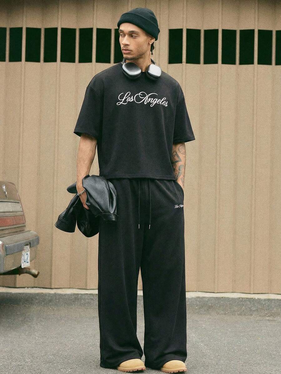 AXEPEAK 男士休闲字母印花T恤和裤子套装，夏季 - 灰色 - 查看 1