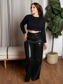 Lupita Cardoza 女士皮革女裤纯色前扣简约休闲裤、日常穿着、女士下装 - 黑色 - 查看 6