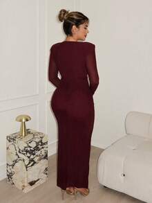 Maria Perezxox Autumn/Winter Ruched Ribbon Drape Shoulder Sheer Mesh Long Sleeve Bodycon Elegant Sexy Deep V Dress, Women Graceful Long Dress Autumn And Winter, Suitable For Christmas, Graduation Party, Wedding Guest Dresses, Date, Banquet, Party, Sister Gathering, Women's Party Dresses, Autumn Wedding Guest Dresses, Women's Wedding Guest Dresses Long Sleeve Formal Dress Glamorous Dress Plunge Dress ,Wedding Guest Dress Women - Bold Plum - View 2