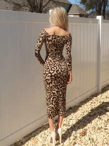 Sydney Algeri 优雅性感豹纹露肩修身长裙 - 棕色 - 查看 2