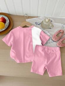 SHEIN Happikins Young Girl Casual Simple Cute Cartoon Blue Rabbit Design Short Sleeve Top And Shorts 2 Pieces Set, Suitable For Summer - Multicolor - View 3