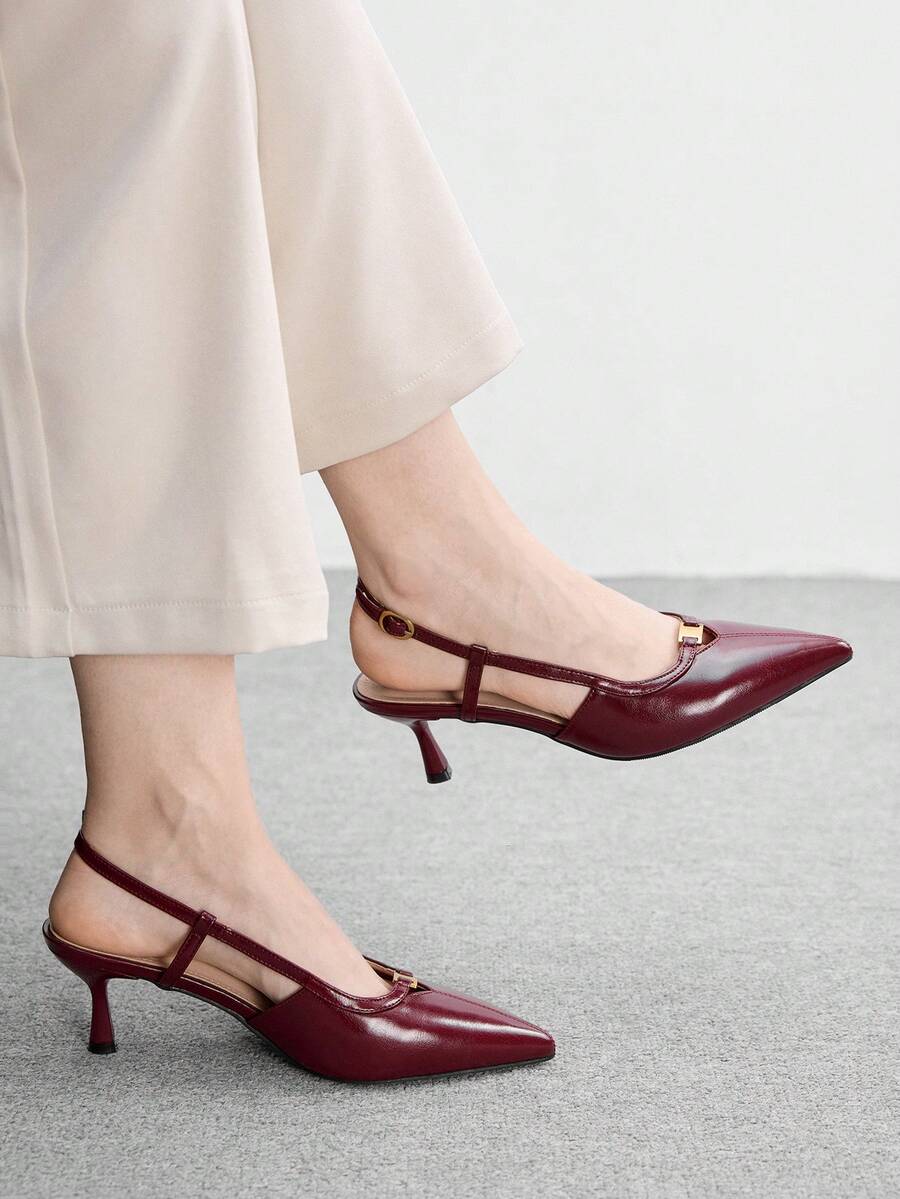 CUCCOO BIZCHIC Women's High-Heeled Shoes, Retro Burgundy Patent Leather High Heels, French Pointed Back Strap Gold Buckle Decorative Sandals, Spring And Summer Commuting Dating Elegant Shoes Spring Shoes - Burgundy - View 1