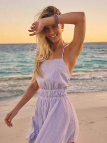 Aralina Striped And Polka Dot Cinched Waist Backless Strappy Back Summer Dresses For Women Sleeveless Design Spaghetti Straps Straight Neckline Elastic Waist Asymmetric Hanky Hem Flowy Silhouette Mini Length Feminine Style Vacation Outfits Beach Dress Casual Going Out Dress Lavender Mini Dress Festival - Mauve Purple - View 8