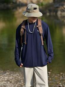 DAZY Spring Letter Print Navy Blue Long Sleeve T-Shirt For Men - Navy Blue - View 3