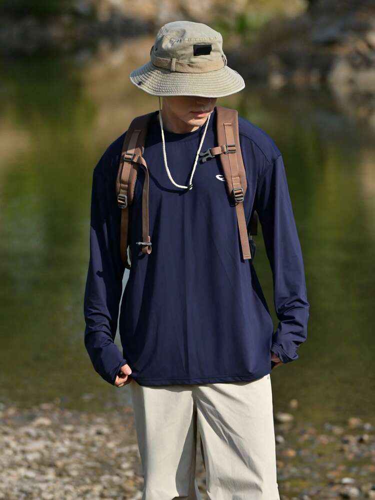 DAZY Spring Letter Print Navy Blue Long Sleeve T-Shirt For Men - Navy Blue - View 3