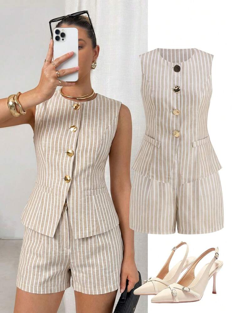 Ellevyn Conjunto de 2 peças com Camiseta Regata com Botões e Shorts Listrados, Plus Size, Ideal para Uso Diário no Verão - Caqui - Visão 1