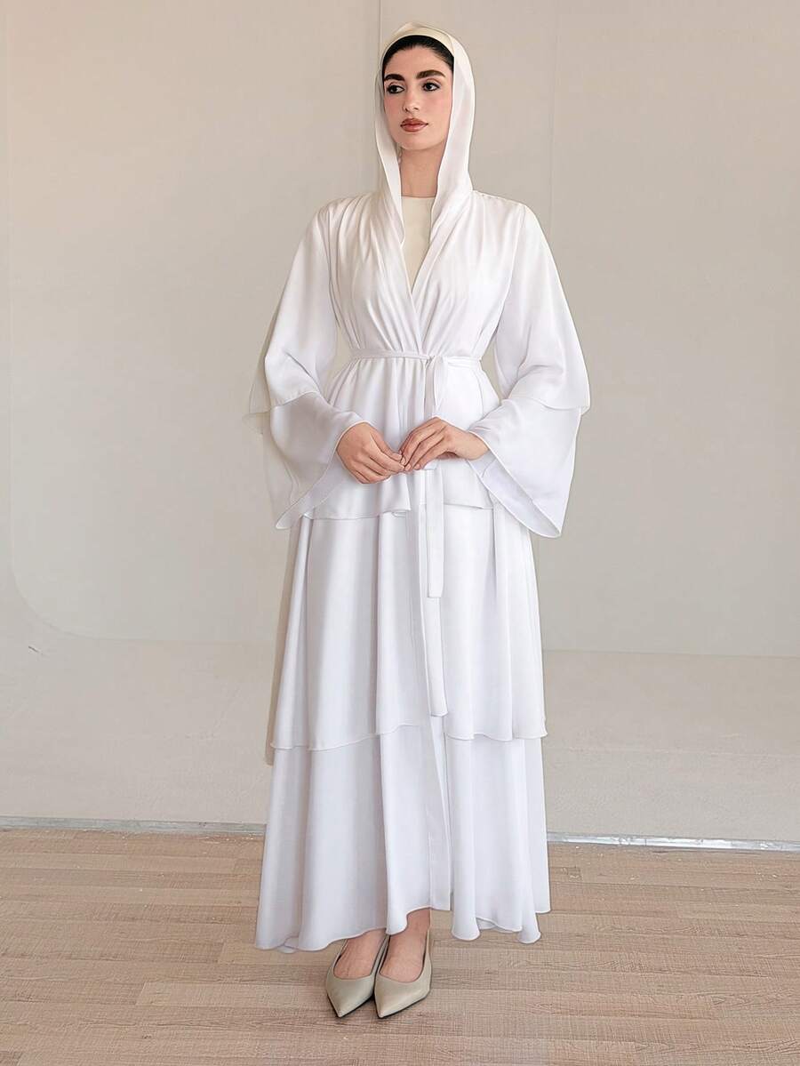 DAZY Spring & Summer Solid Color Sexy Music Festival Valentine's Day Wedding Casual Beach Vacation Style Layered Ruffle Hem Dress For Women - White - View 1