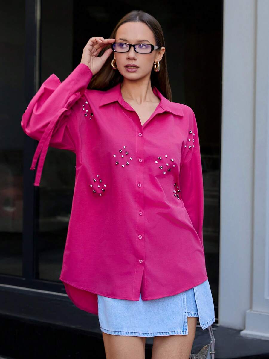 EURMUSE Cotton Floral Embroidery Knot Cuff Drop Shoulder Shirt - Pink - View 1