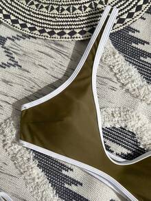 Swim Vcay 女士夏季沙滩拼接撞色休闲比基尼泳装套装，带钢圈流苏比基尼泳衣，金属色连体泳衣，镂空连体泳衣，带钢圈比基尼泳衣，比基尼套装，两件式泳衣，绿色比基尼，撞色滚边比基尼，橄榄绿泳衣，女士泳衣，两件式比基尼，比基尼套装，女士比基尼上衣和下装 - 軍綠色 - 查看 5