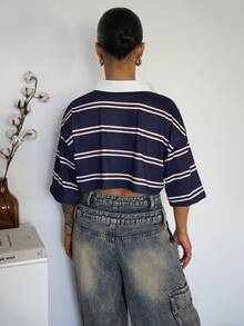 SAYEHFBABY Damen figurbetontes gestreiftes T-Shirt mit Kontraststellen am Polokragen, für Frühling/Herbst - marineblau - Übersicht 2