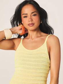 MISSGUIDED 女士针织迷你连衣裙，荷叶边下摆和细肩带，夏季沙滩罩衫 - 黃色 - 查看 5