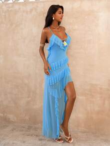 SHEIN Glamour 女士迷你连衣裙，吊带荷叶边V领连衣裙，吊带露背连衣裙，网纱不对称下摆连衣裙 - 淺藍色 - 查看 6