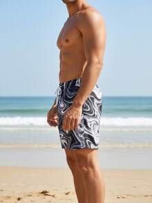 Zalmeno Plus Size Men's Marble Print Drawstring Waist Pocket Beach Shorts - Multicolor - View 4