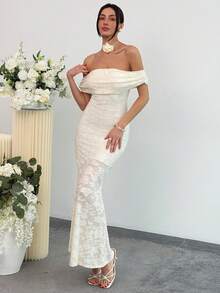 Aloruh Women's Elegant Off-Shoulder Mermaid Dress, Bohemian Style Cutout Embroidered Extra Long Solid Color Apricot Dress Off Shoulder White Dress White Mermaid Dress White Dress Sexy Long White Dress - Beige - View 9