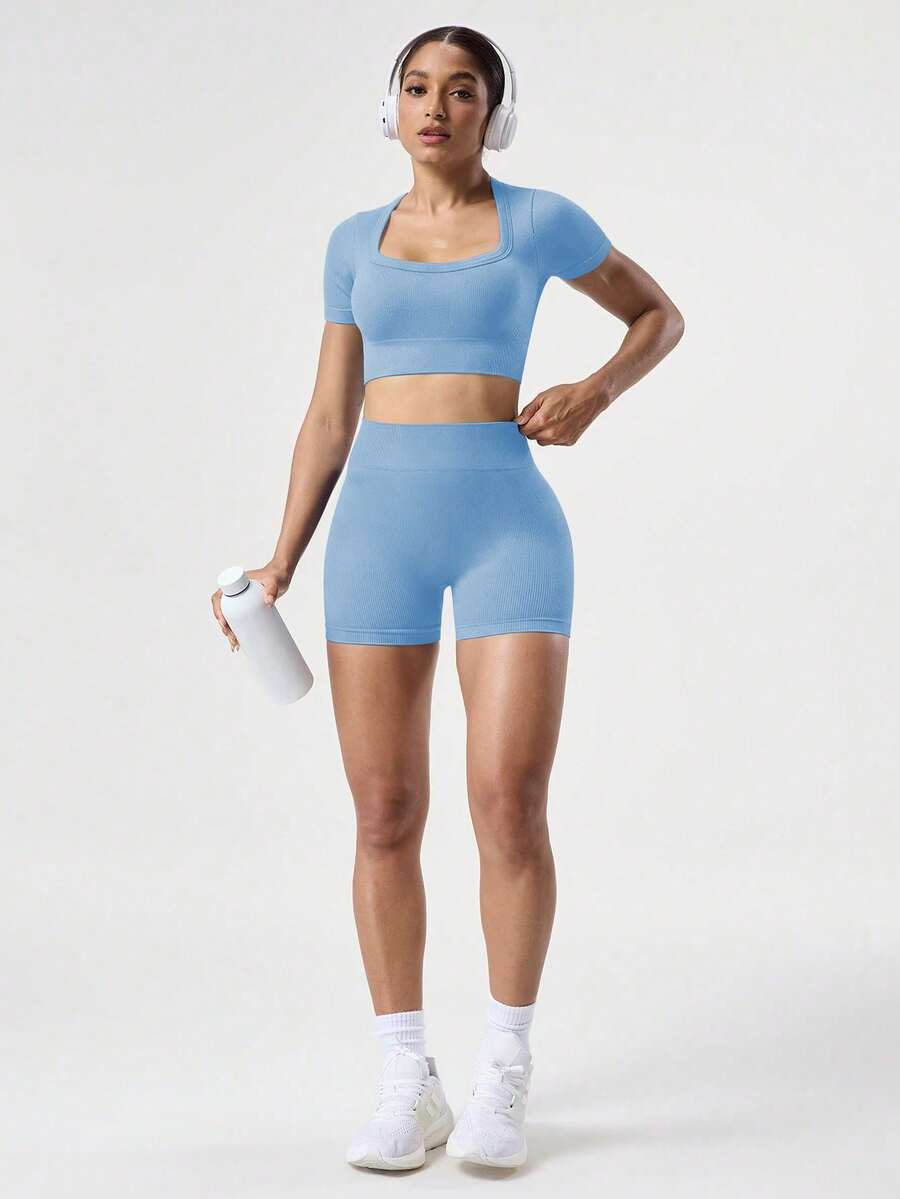 SHEIN Sovereign Charm 2 piezas Conjunto + Ajuste regular + Tela que absorbe la humedad/Acanalado + Cuello cuadrado/Básico/Azul marino + Conjunto de ropa deportiva + Sin costuras/Yoga - Azul cielo - Ver 1