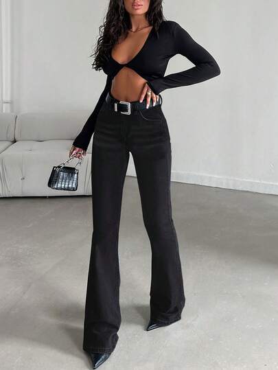 SHEIN Elastic Tall High Waist Casual Flare Jean