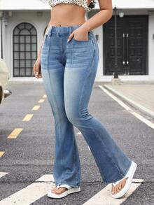 Flexra Jeans de pierna acampanada y elástica de color contrastante para mujer - Azul - Ver 6