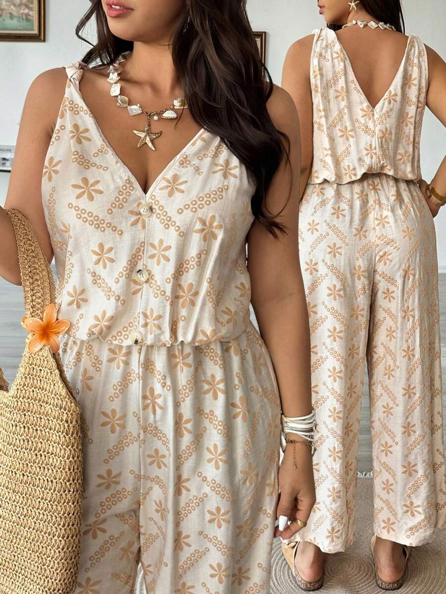 Vionelle Mono largo de pierna recta con cintura elástica, estampado de tejido, cuello en V sin mangas, estilo vintage y casual para mujer de talla grande. Mono casual bohemio de verano con estampado floral para vacaciones y playa. - Albaricoque - Ver 1
