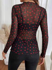 SHEIN Clasi 女士性感透视心形网纱上衣，情人节 - 彩色 - 查看 2