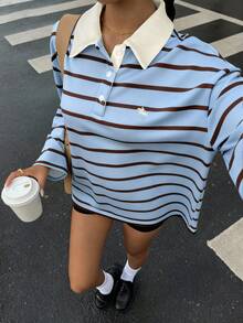 Muchica Áo thun polo cổ bẻ họa tiết sọc màu tương phản, phong cách đại học, thường ngày đi làm dành cho nữ, mùa xuân/thu - Màu xanh lam - Xem 1