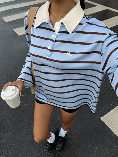 Muchica Women's Casual Commuting College Style Colorblock Striped Print Embroidered Contrast Color Polo Collar Loose T-Shirt, Spring/Autumn Preppy Clothes Preppy Top Preppy Tops Blue Striped Shirt