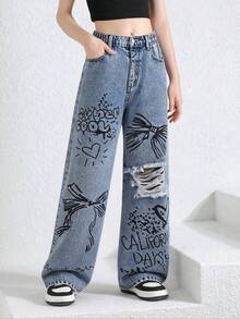 SHEIN ChillGRL 2025春夏新款宽松直筒复古Y2K水洗舒适休闲牛仔裤，适合少女穿着 - 淺色水洗藍 - 查看 6