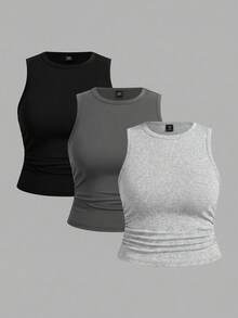 SHEIN EZwear 3件套女士休闲纯色加大码圆领吊带背心，适合夏季 - 彩色 - 查看 1
