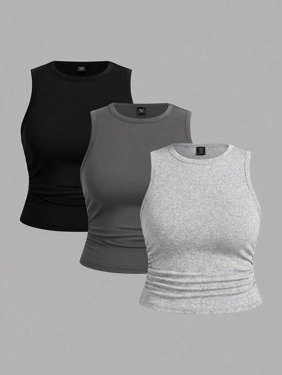 SHEIN EZwear 3件套女士休闲纯色加大码圆领吊带背心,适合夏季 - 彩色 - 查看 1