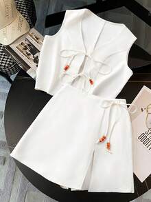 GlowEve Damset med 2 delar, vår/sommar 2026, pärlbandsmönstrad ärmlös linne och shorts - Aprikos - Visa 4