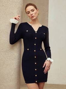 MOTF PREMIUM CONTRAST BINDING FITTED SHORT KNIT SWEATER DRESS, SPRING/SUMMER - Navy Blue - View 7