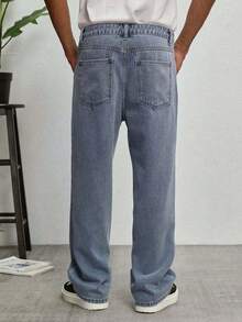 GALLERY FADE Men's Hip Hop Street Fashion Letter Print Washed Straight Leg Wide Jeans - Light Wash - View 2