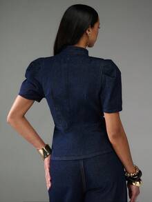 Normani Blusa de mezclilla de manga abullonada de solapa única y versátil para mujer, ropa de trabajo para mujer - Azul - Ver 2