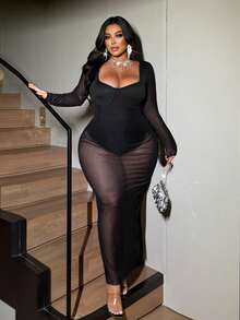 NU&NOW Plus Size Women Mesh Sexy Date Party Dress - Black - View 2