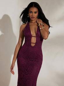 Opulessa Gaun Liburan Rajut Warna Polos Berenda Model Halter dengan Leher V Dalam dan Bahu Terbuka untuk Wanita, Pakaian Musim Panas dan Semi, Gaun Panjang Ungu Elegan untuk Pantai - Purple - View 6