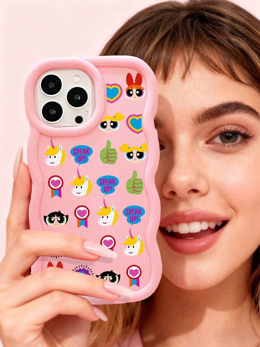 THE POWERPUFF GIRLS X SHEIN Ốp điện thoại silicon màu hồng lượn sóng hình Powerpuff Girls, bảo vệ ống kính, chống sốc, phụ kiện hoạt hình dễ thương dùng hàng ngày, tương thích với ốp điện thoại iPhone & Galaxy, ốp lưng, tương thích với iPhone 16/iPhone 17/iPhone 17 Pro Max/iPhone 12 Pro, tương thích với ốp điện thoại iPhone 17 Pro, phụ kiện điện thoại, ốp Galaxy S25 Ultra, ốp điện thoại dễ thương, ốp Galaxy S24 Ultra - Hồng - Xem 1