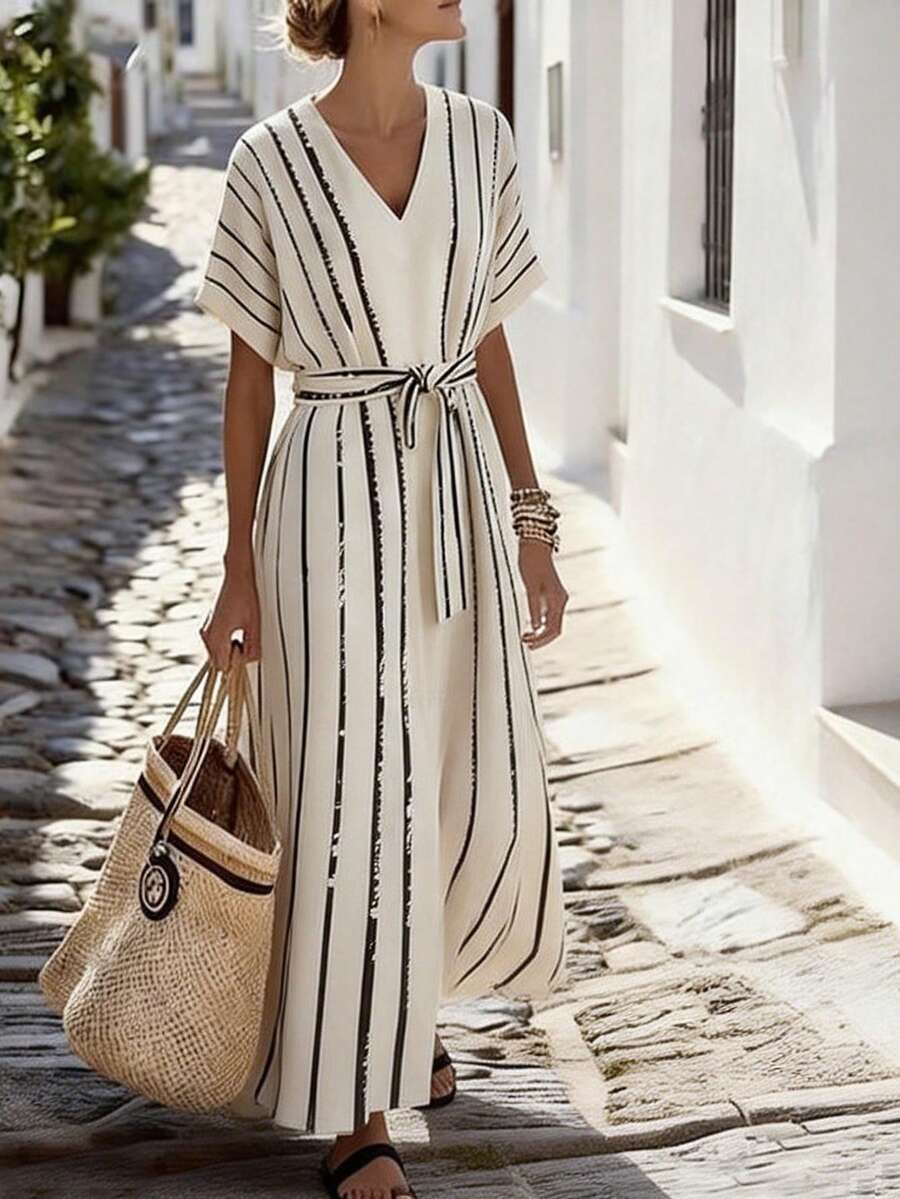 SHEIN Holidaya 女士条纹撞色V领长袖连衣裙，腰部系带装饰，宽松休闲连衣裙，优雅度假连衣裙，适合春夏穿着
