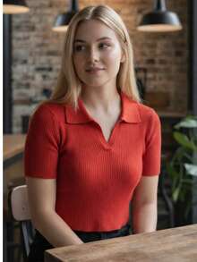 Crop top tejido con cuello en V Camisero - rojo - Ver 2